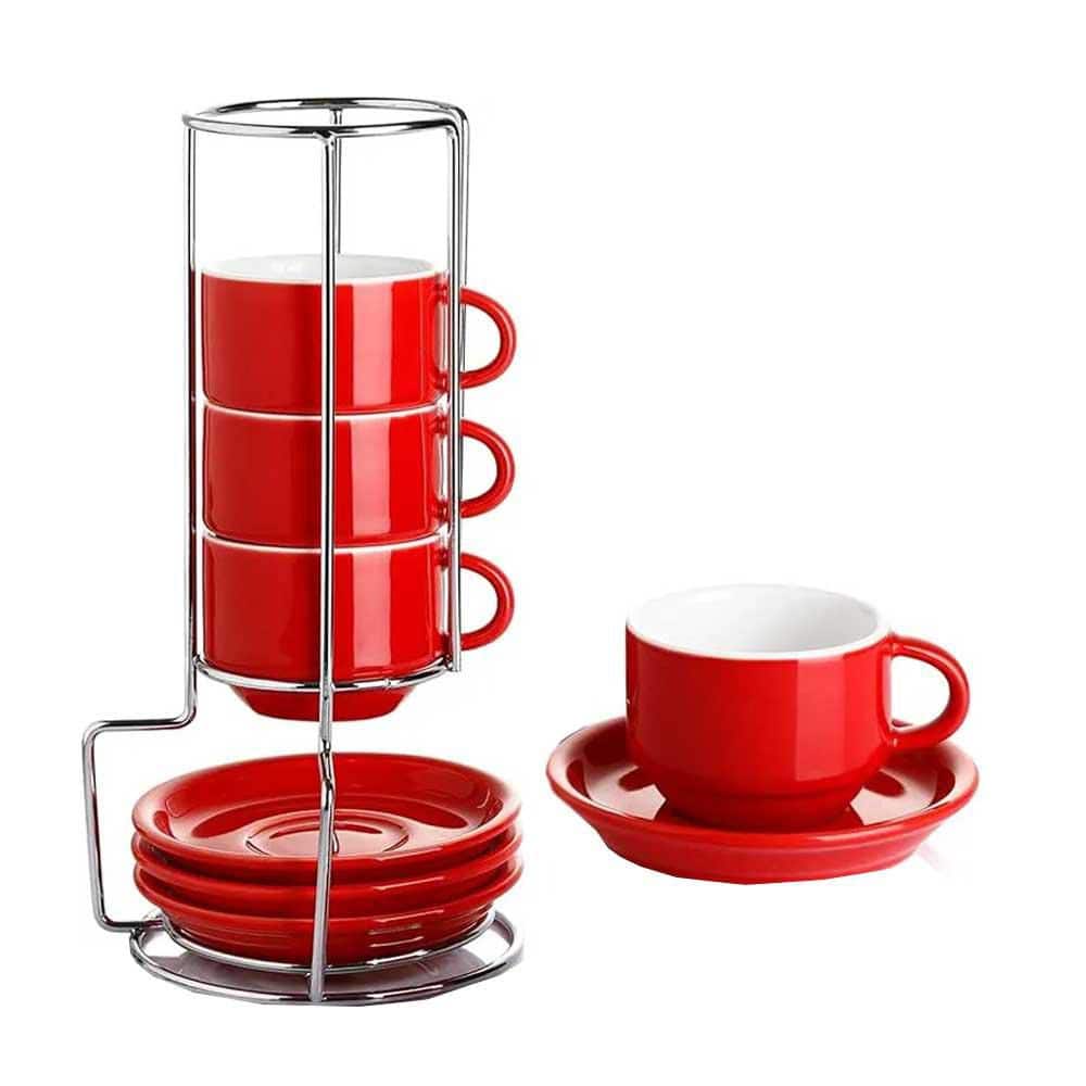 4 oz. Red Porcelain Stackable Espresso Cups with Saucers and Metal Stand (Set of 4) - Hercitys