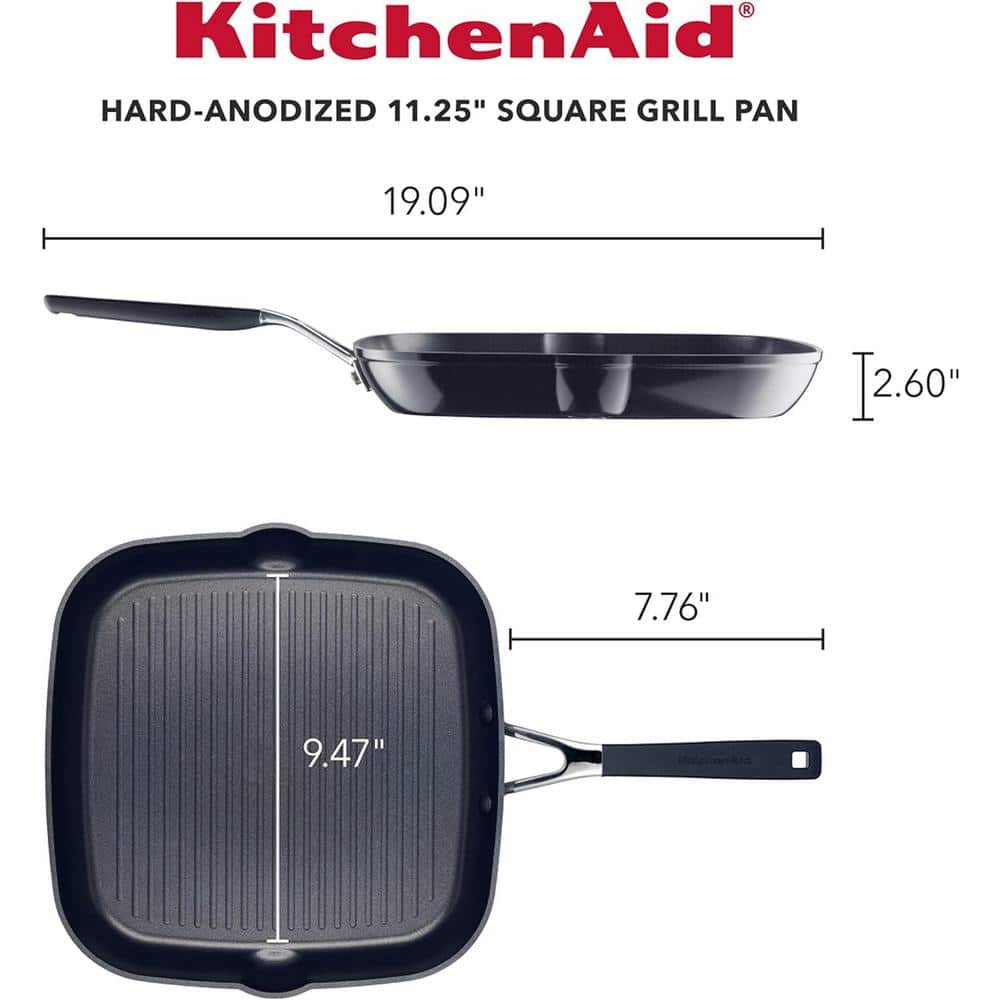 11.25 in. Hard Anodized Aluminum Nonstick Square Grill Pan in Onyx Black with Quick Heat Distribution and Pour Spouts - Hercitys