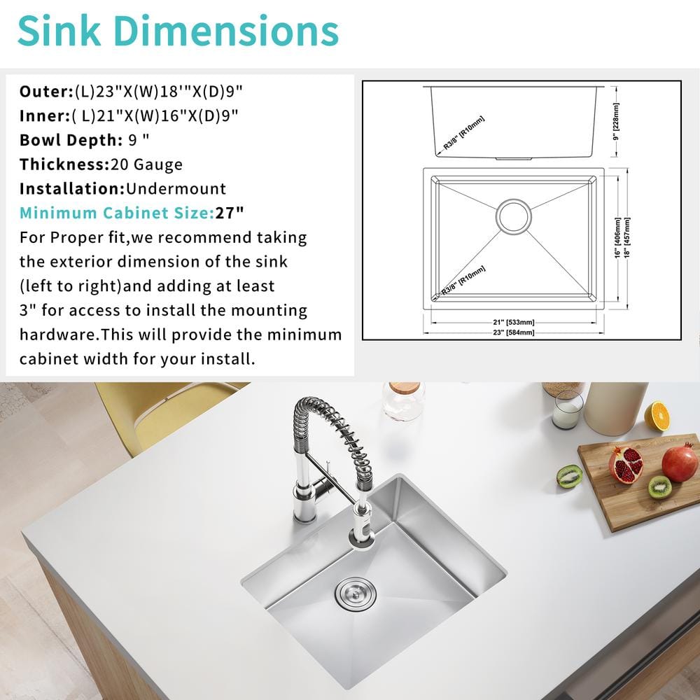 23 in Undermount Single Bowl 20 Gauge Stainless Steel Kitchen Sink with Strainer - Hercitys