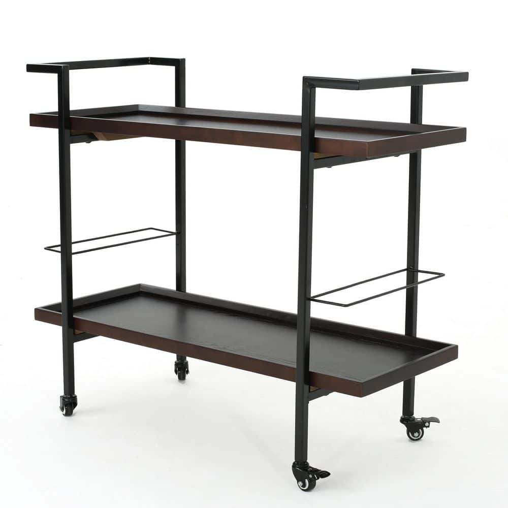 38 in. W x 33 in. H Industrial Walnut Wood Kitchen Cart, Rolling Bar Cart with Wine Rack, Tray Shelves and Metal Frame - Hercitys