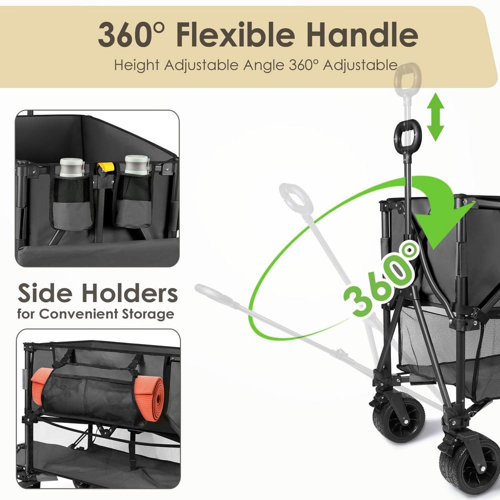 10 cu. ft. Black Metal Garden Cart Double Decker Wagon Cart with Wheels Foldable, 400 l Large Capacity Collapsible Wagon - Hercitys