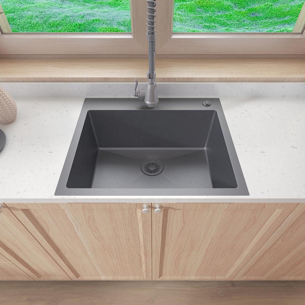 25 in. Drop-In Single Bowl 18-Gauge Black 304 Stainless Steel Workstation Kitchen Sink - Hercitys