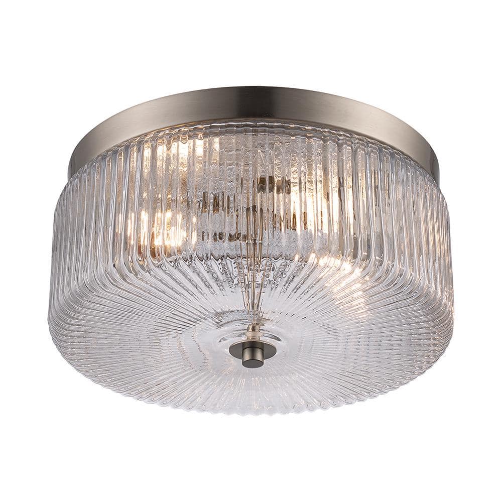 11.75 in. 2-Light Brushed Nickel Flush Mount Ceiling Light Fixture with Clear Ribbed Glass Shade - Hercitys