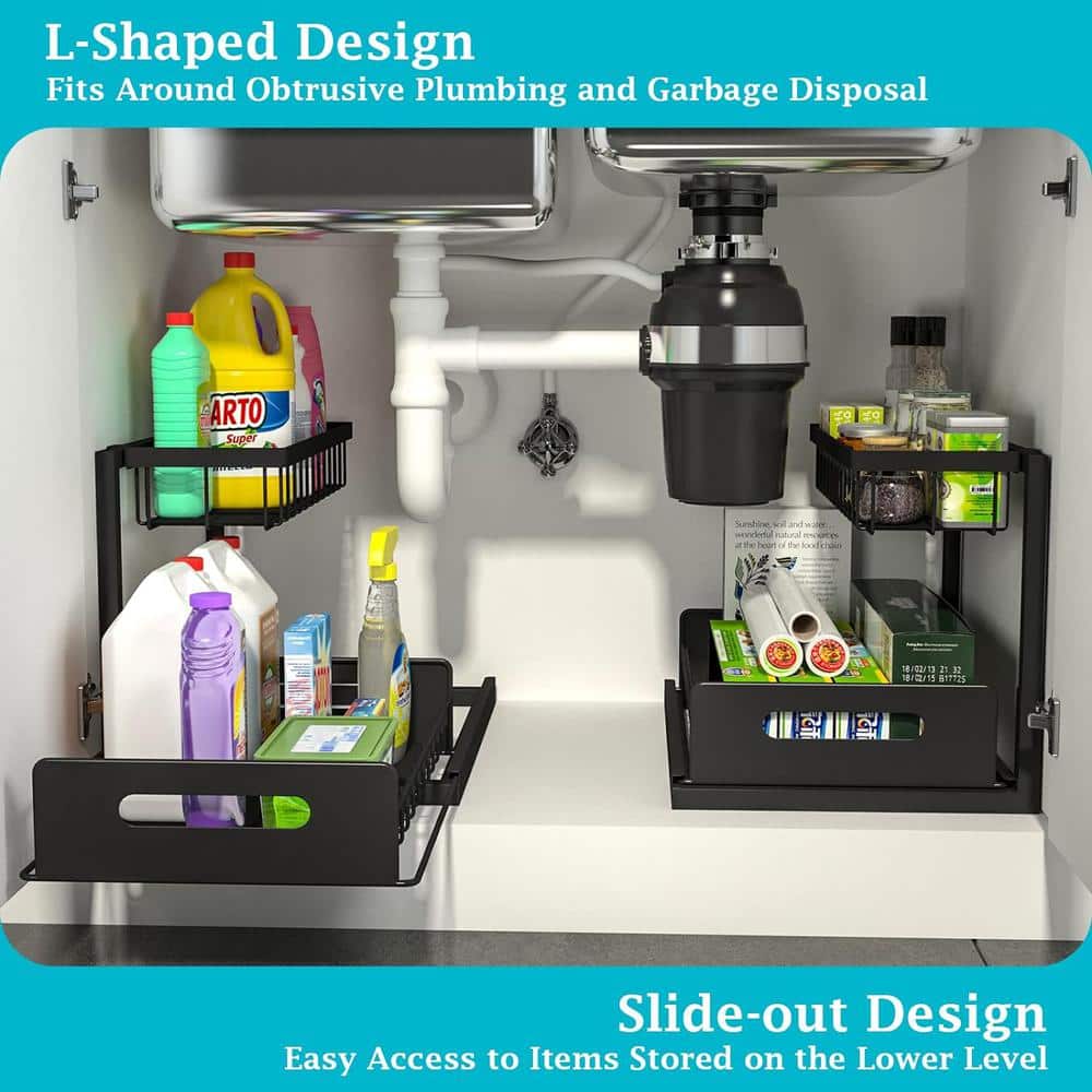 11 in. x 10.6 in. Under Sink Organizer and Storage in Black Metal 2-Pack for Kitchen Bathroom Cabinet - Hercitys