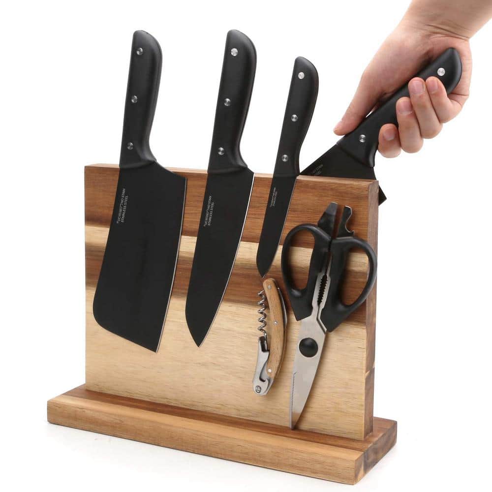 16-Knife 12 in. x 10 in. Magnetic Knife Holder, Acacia Wooden Magnetic Knife Block with Strong Enhanced Magnetic Strip - Hercitys