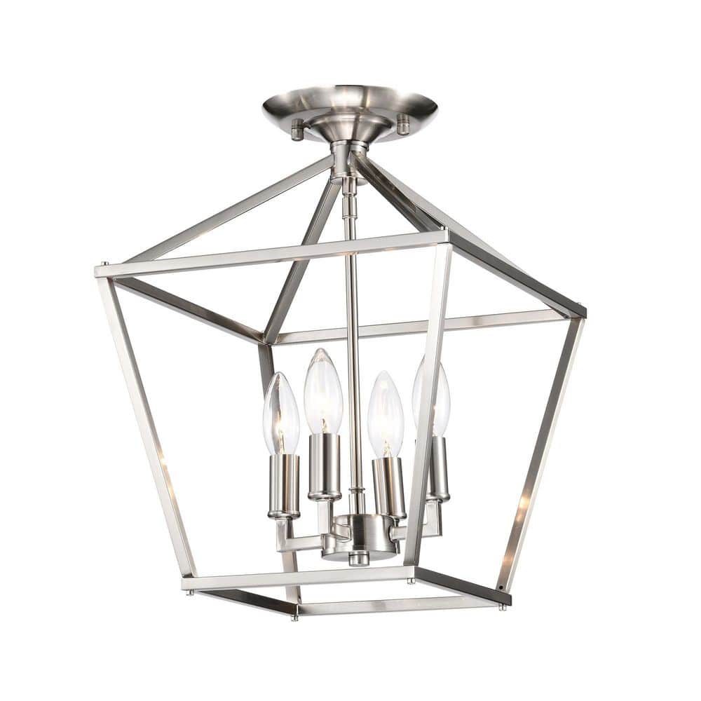 12 in. 4-Light Brushed Nickel Cage Lantern Farmhouse Semi-Flush Mount - Hercitys