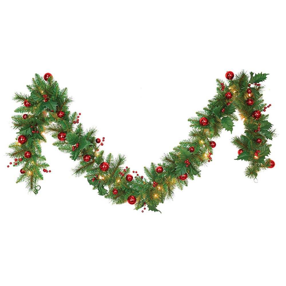 10 in. x 9 ft. Artificial Christmas Garland with Red Balls and Berries, 160 Tips, 35 UL Lights - Hercitys