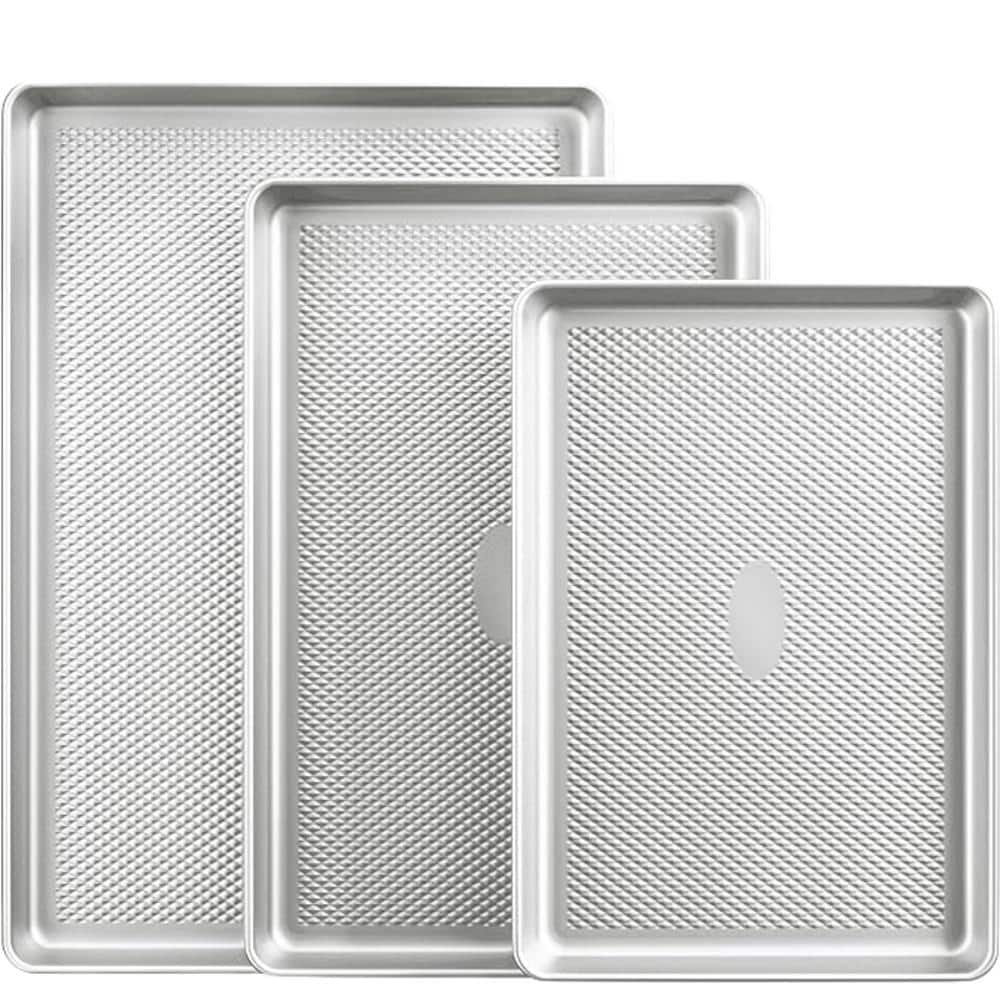 3-Piece Silver Carbon Steel Baking Sheet Pan Sets, Heavy Duty Nonstick Cookie Tray for Oven with Diamond Texture Pattern - Hercitys