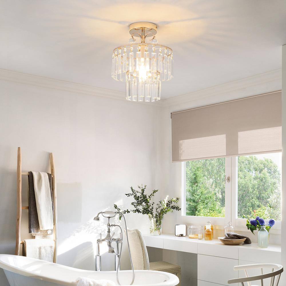 10.62 in. 1 Light Gold Modern Round Semi-Flush Mount Ceiling Light with Clear Crystal Shade and No Bulbs Included - Hercitys