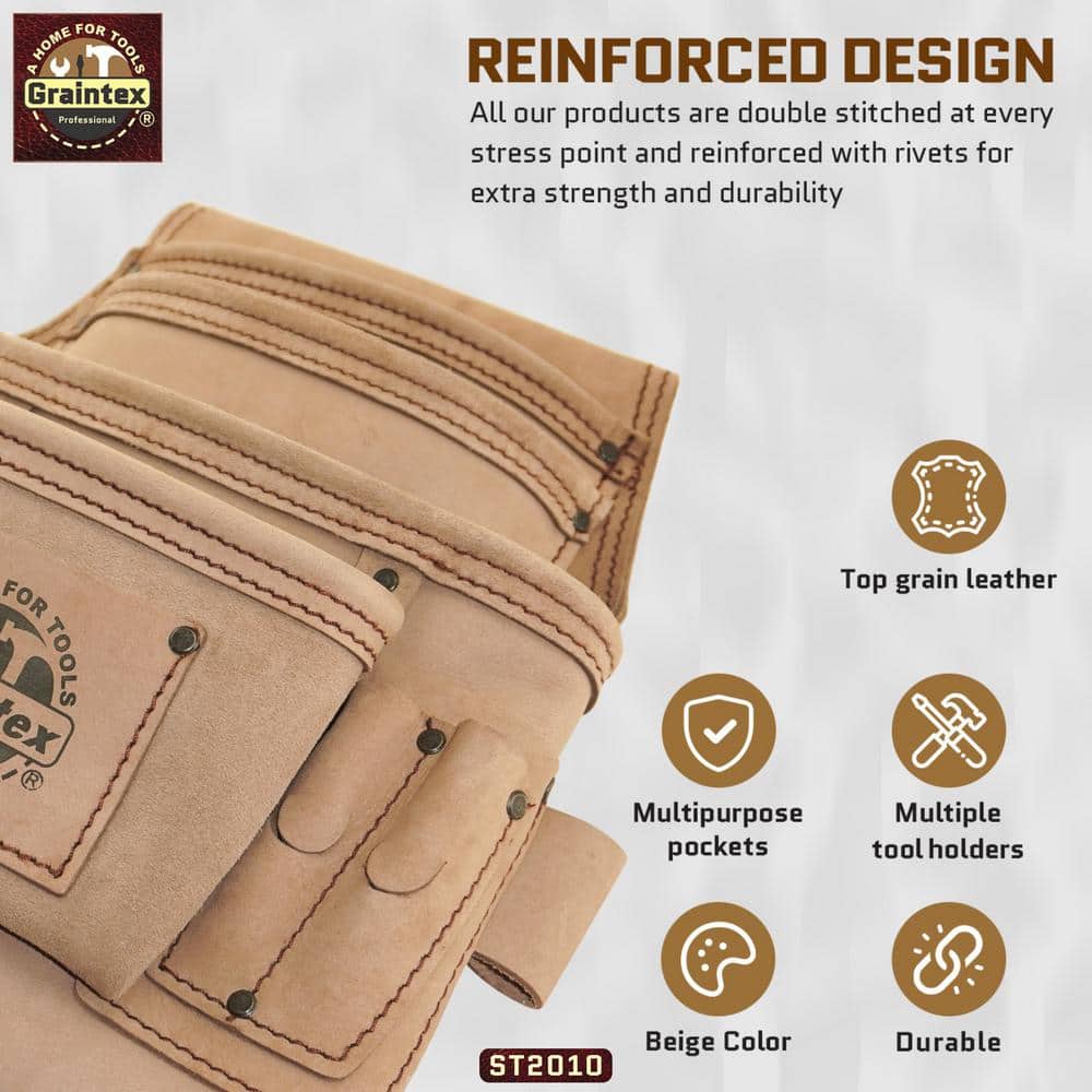 10 Pocket Beige Top Grain Leather Nail and Tool Pouch - Hercitys