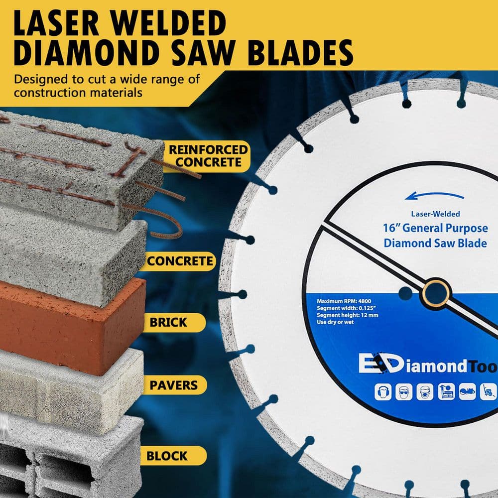 16 in. Laser Welded Diamond Saw Blade for Concrete Brick Block and Masonry, Heat Treated Blade Core, 1 in. Arbor - Hercitys