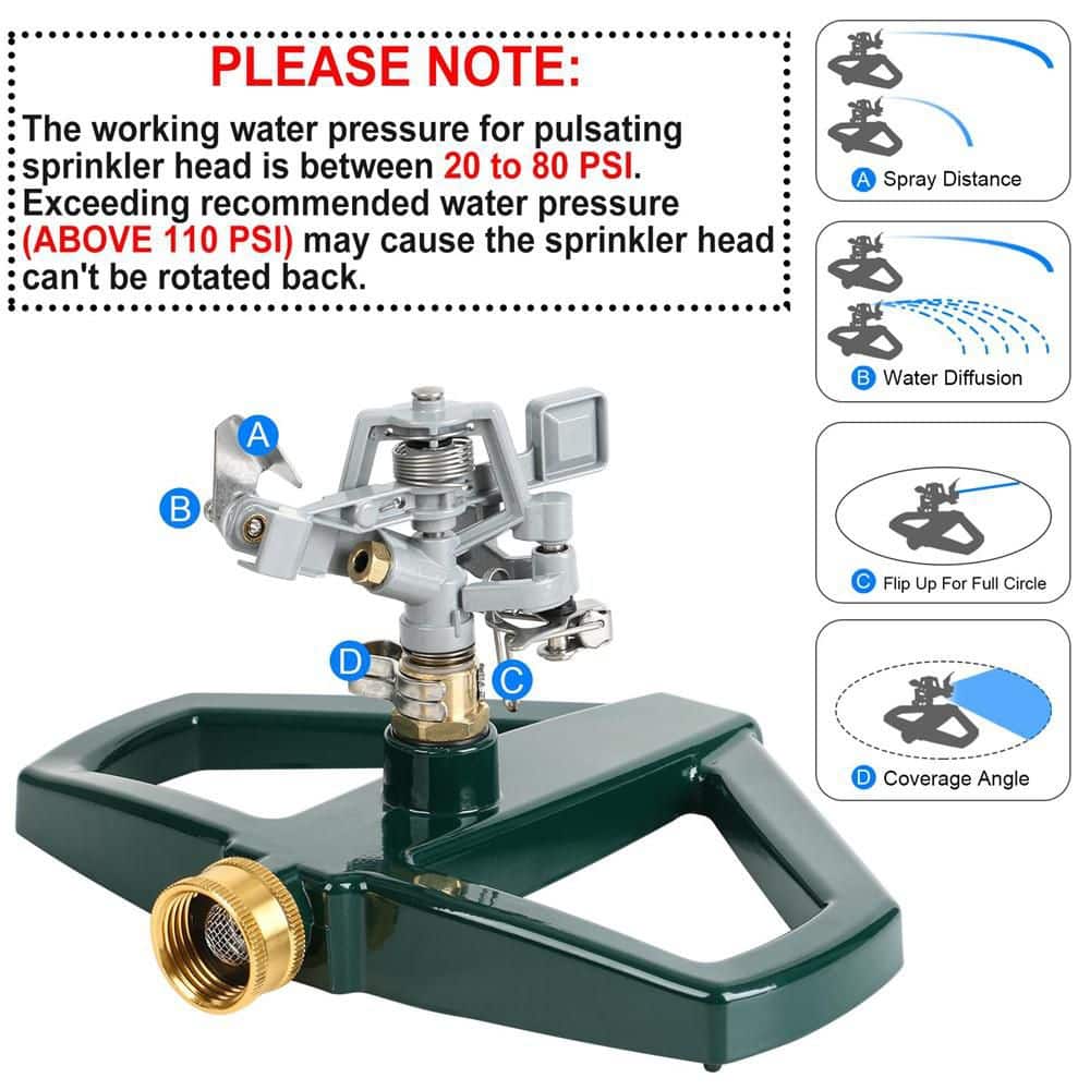5800 sq. ft. Adjustable Circular Pulsating Lawn Sprinkler with Heavy Duty Metal Base, Green - Hercitys