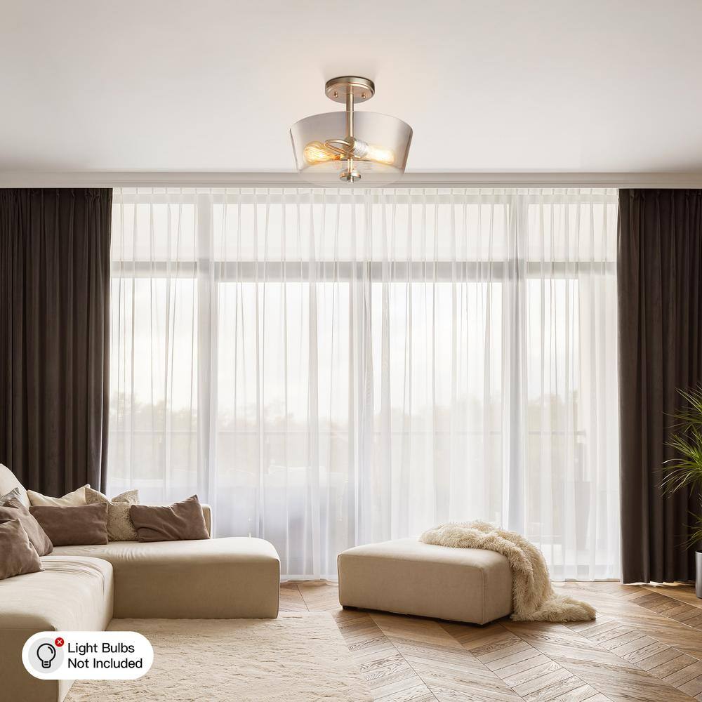 12 in. 2-Light Brushed Nickel Round Semi-Flush Mount, Modern Ceiling Light with Clear Glass Drum Shade - Hercitys