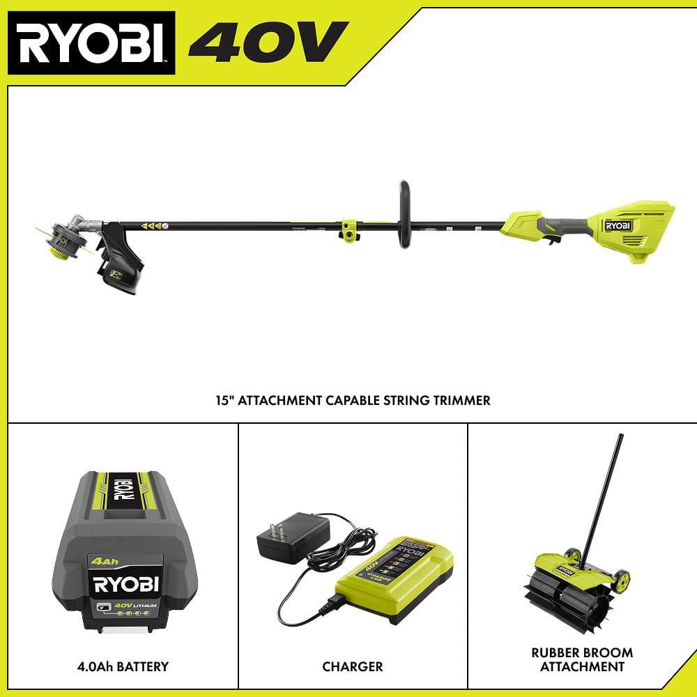 40V 15 in. Expand-It Cordless Battery Attachment Capable String Trimmer & Rubber Sweeper w/ 4.0 Ah Battery & Charger - Hercitys