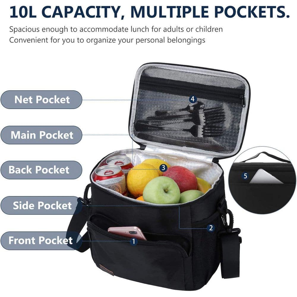 11 qt. 10L Insulated Leak Proof Lunch Box Bag Cooler with Food Grade Aluminum Lining and EPE Foam Insulation Black - Hercitys