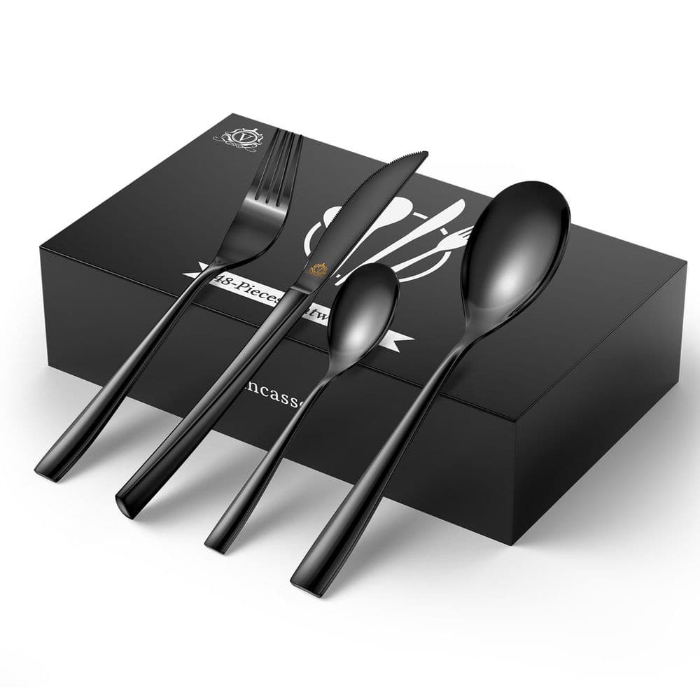 48-Piece Black Stainless Steel Flatware Set Silverware Set Serving Set Service for 12 - Hercitys