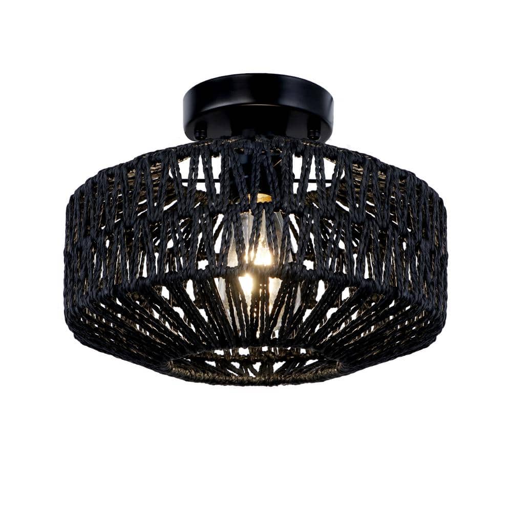 12 in. 1-Light Bohemian Black Rattan Black Semi Flush Mount Ceiling Light for Dining Room Foyer Entrance Kitchen Bedroom - Hercitys