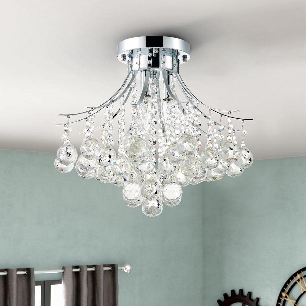 3-Light Chrome Flush Mount with Crystal Shade - Hercitys