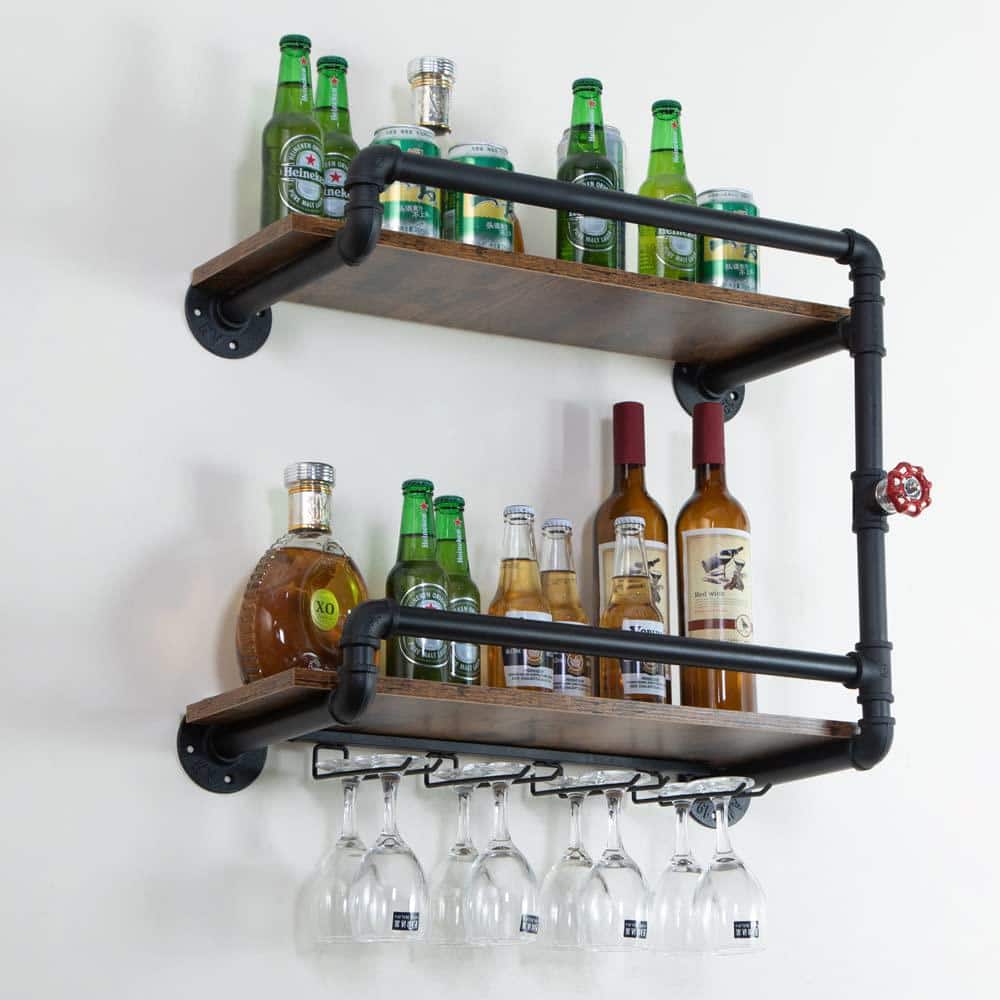 2-Tier Wall Mounted Wine Rack, Hanging Floating Small Mini Bar Liquor Shelves with Glass Holder Storage Under - Hercitys