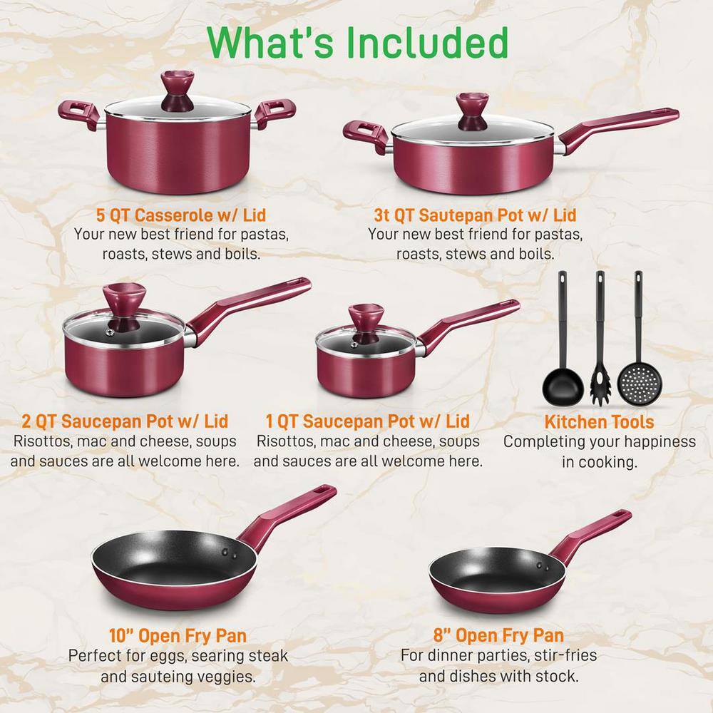 13-Piece Aluminum Cookware Set Non-Stick in Red - Hercitys