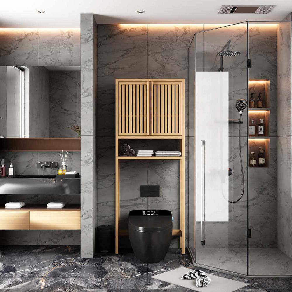 25 in. W x 10 in. D x 65 in. H in Natural Bamboo Ready to Assemble Floor Bathroom Storage Cabinet with Shelf - Hercitys