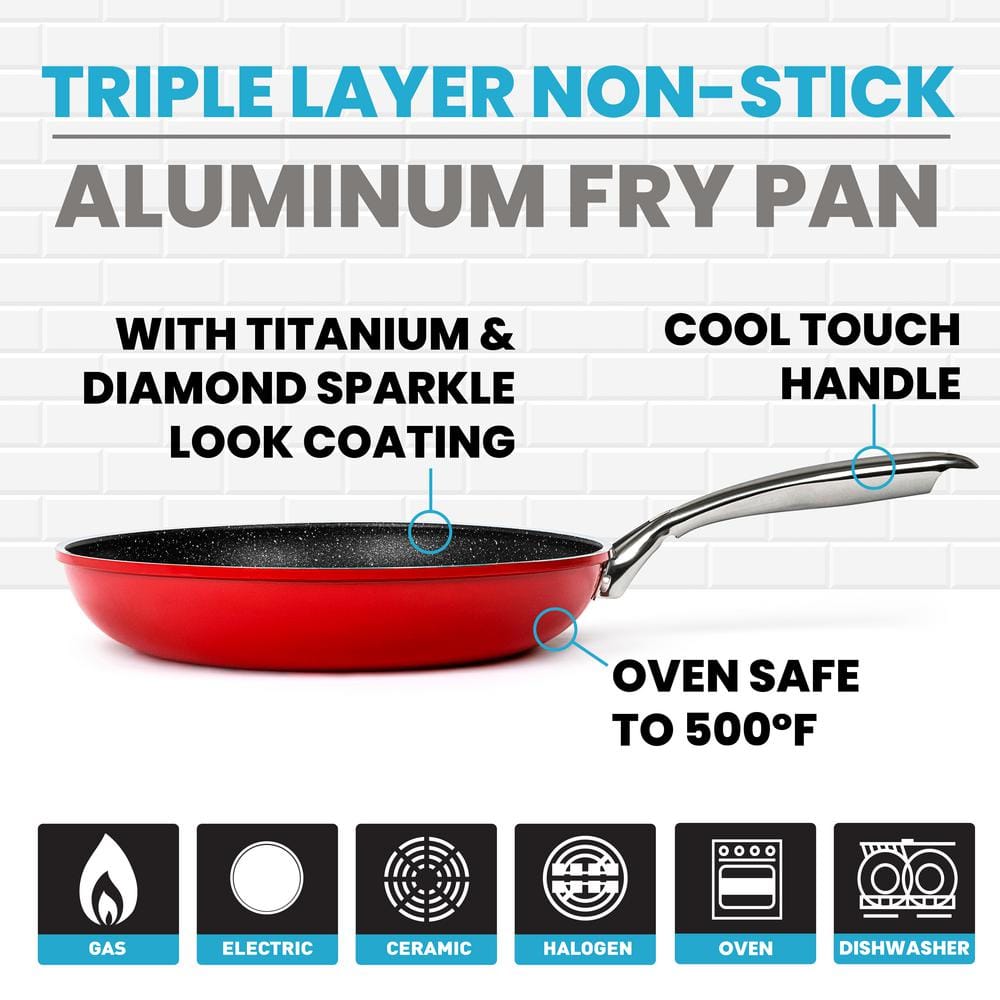 12 in. Aluminum Ultra-Nonstick Titanium and Diamond Infused Coating Frying Pan in Red - Hercitys
