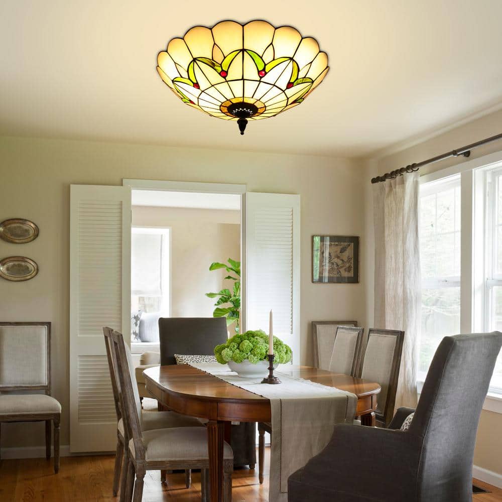 16 in. 3-Light White Retro Flush Mount Ceiling Light with Multicolored Glass Shade for Living Room, No Bulbs Included - Hercitys