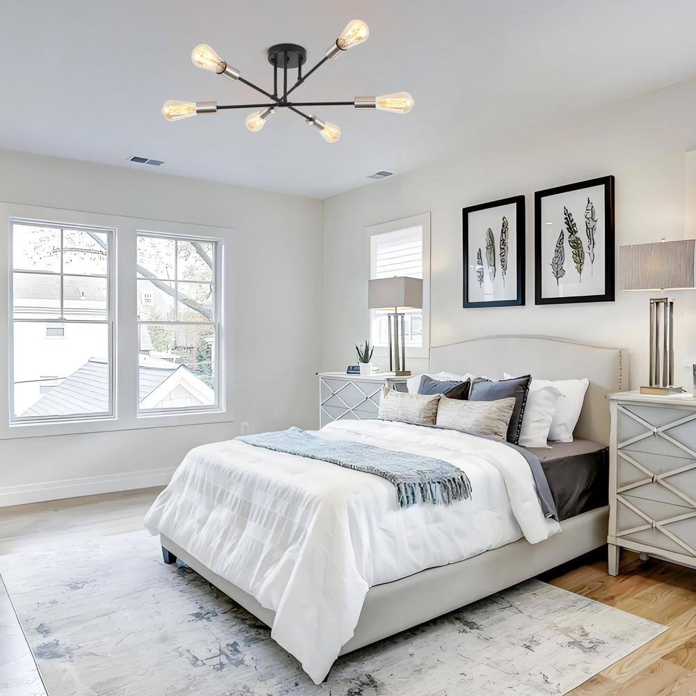 20.66 in. 6-Light Black and Nickel Sputnik Modern Semi-Flush Mount Ceiling Light - Hercitys