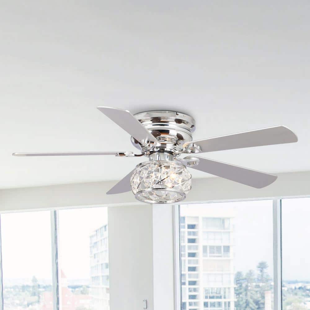 48 in. Indoor Modern Chrome 2-Light Crystal Flush Mount Ceiling Fan with Light Kit and Remote Control - Hercitys