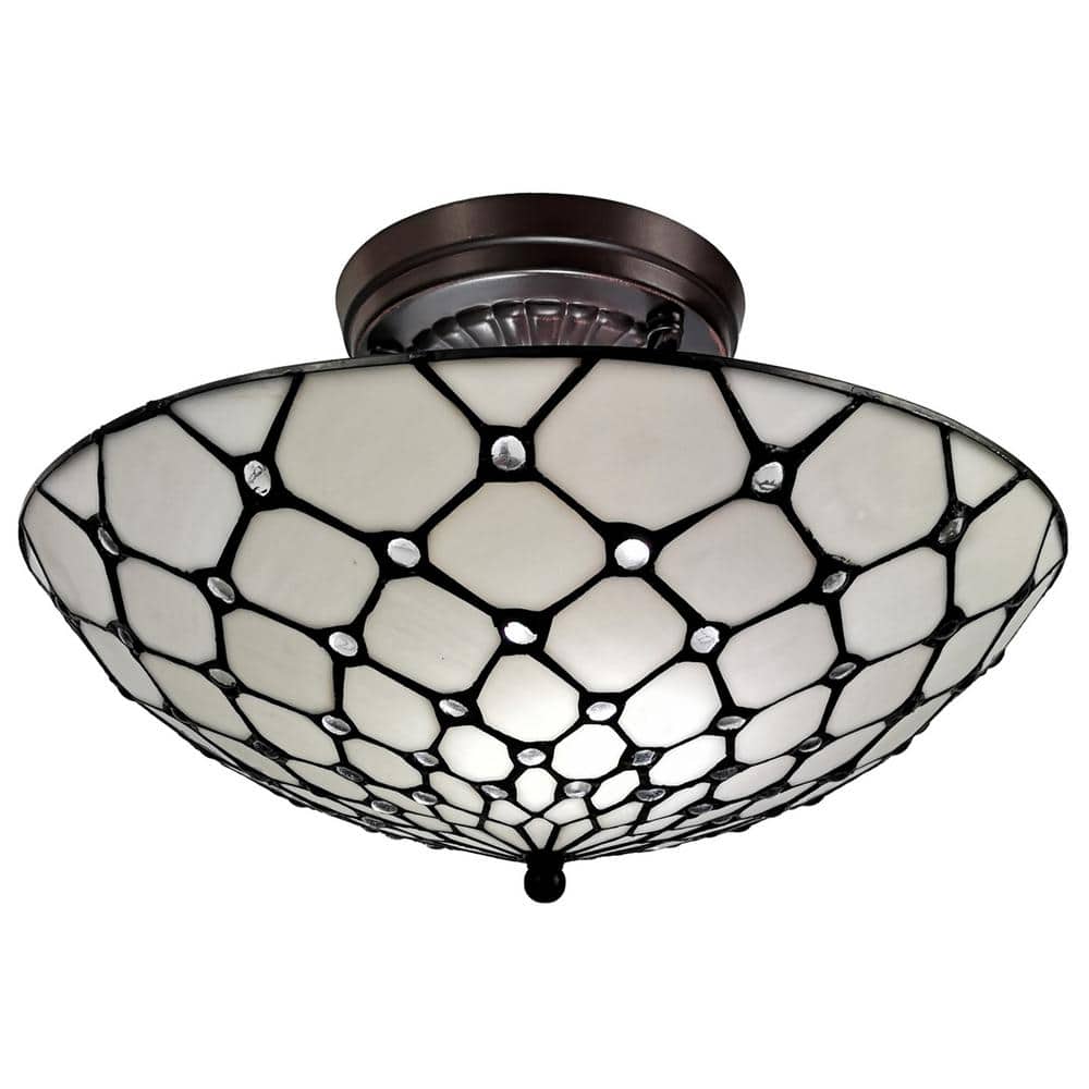 16 in. 2-Light White Tiffany Style Jeweled Flush Mount Ceiling Fixture Lamp - Hercitys