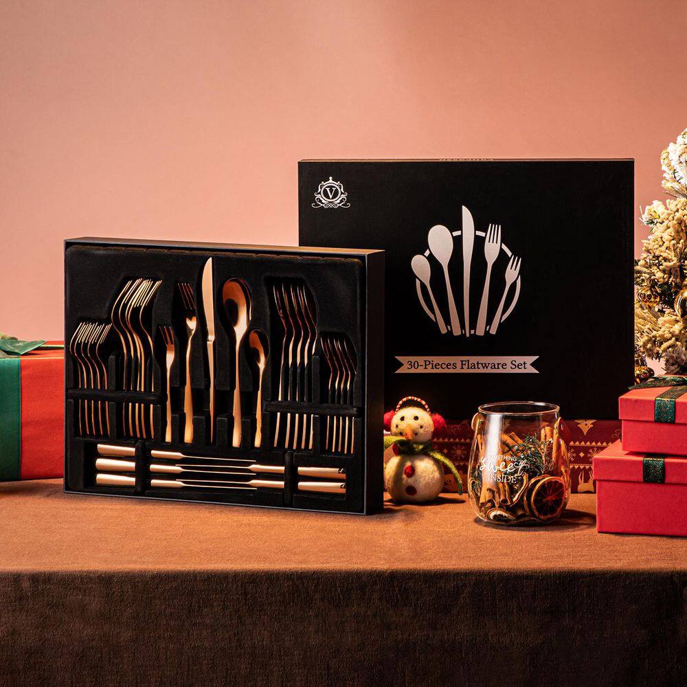 30-Piece Rose Gold Stainless Steel Flatware Set Serving Set Silverware Set Service for 6 - Hercitys