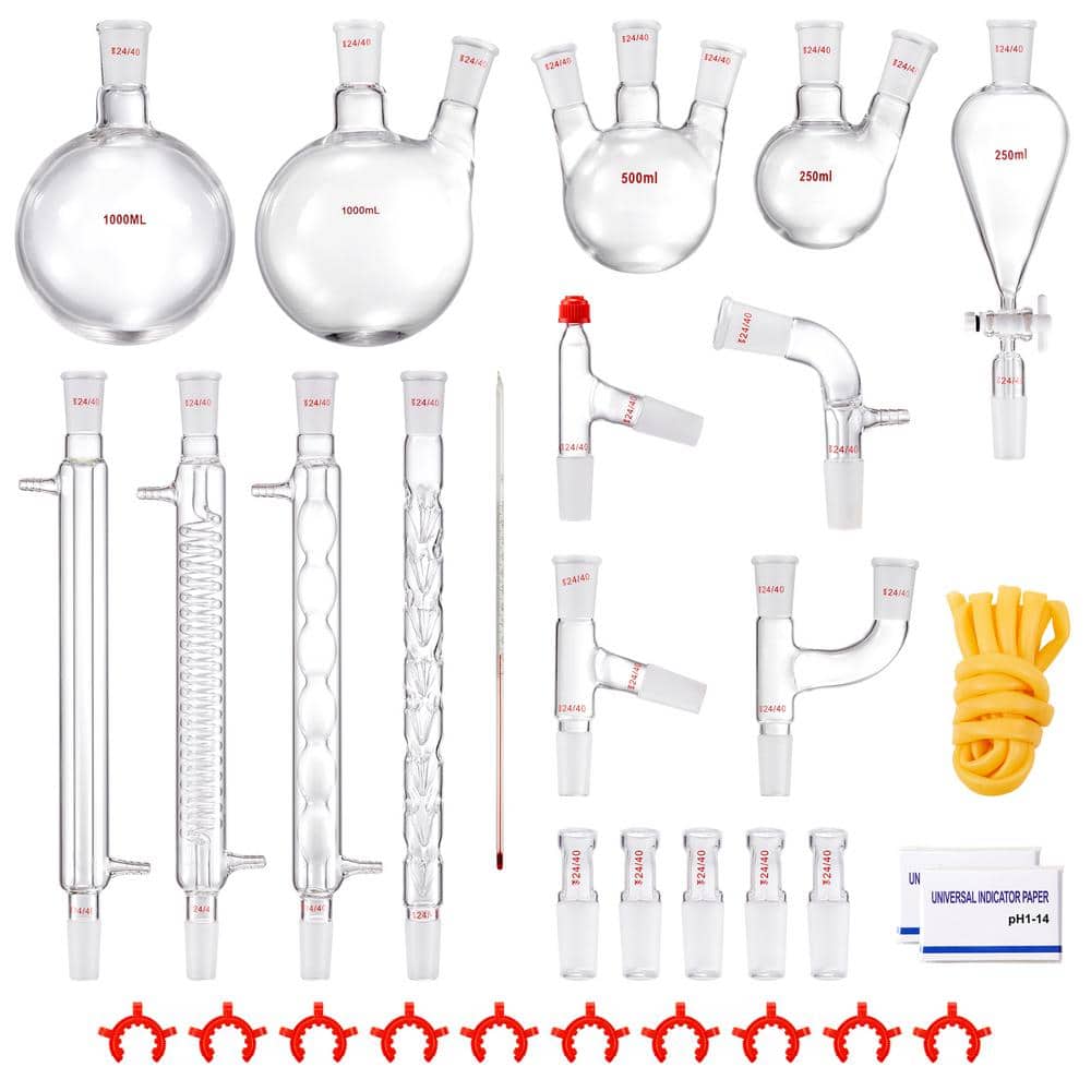 3.3-Boro Lab Distillation Kit, 24/40 Joint Essential Oil Distillation Apparatus 1000ml Glassware Set 32-Pieces Equipment - Hercitys