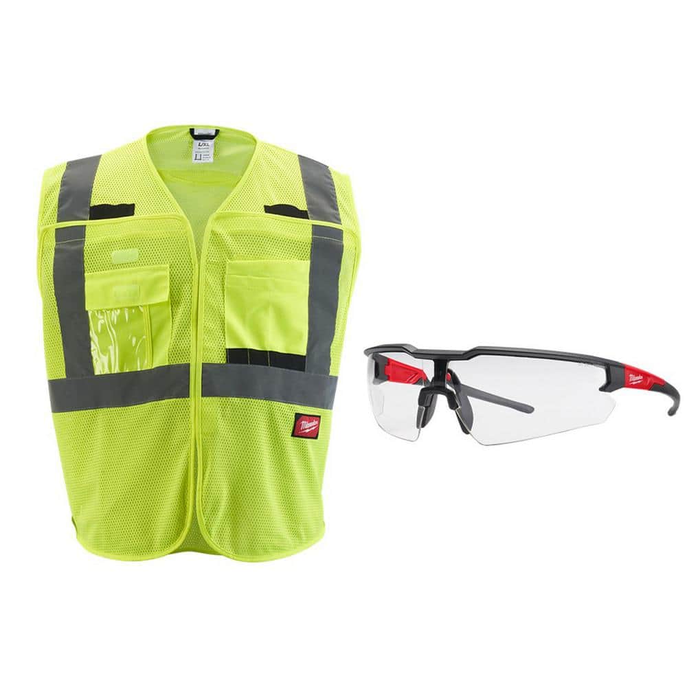 4X/5X-Large Yellow Class 2 Breakaway Mesh High Vis Safety Vest and Clear Anti Scratch Safety Glasses - Hercitys