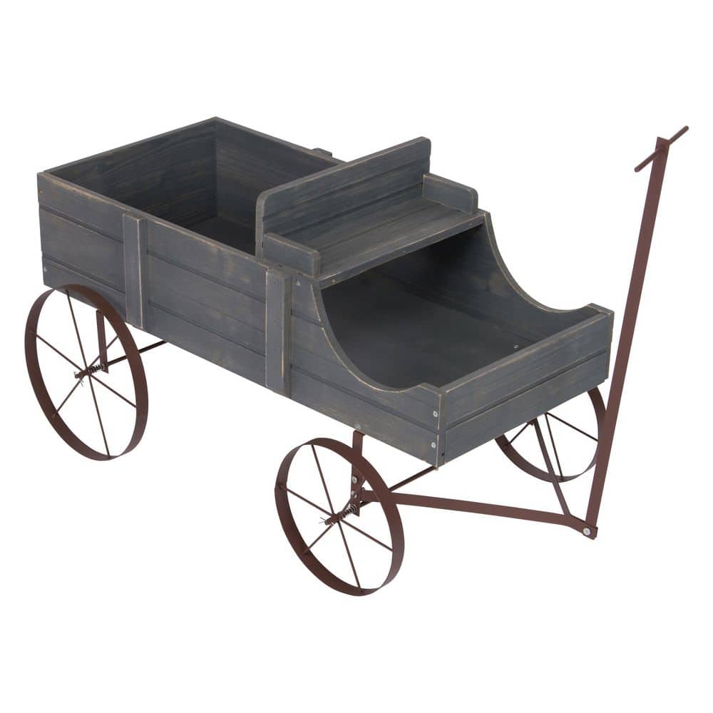 52 in. L Gray Cedar Wood Buckboard Amish Wagon Decorative Garden Planter - Hercitys