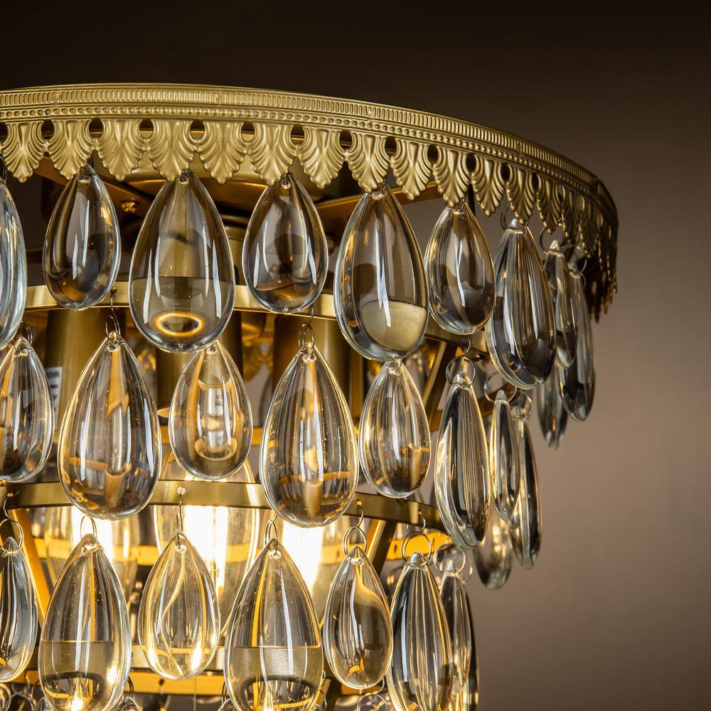 12 in. 3-Lights Antique Gold Glam Flush Mount Ceiling Light with Teardrop Glass - Hercitys
