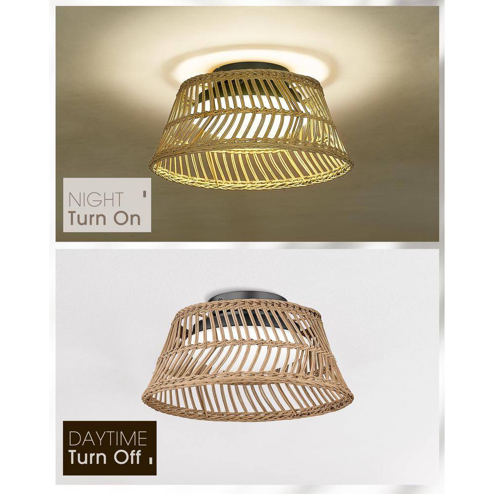 11.8 in. 12-Watt Modern Black Integrated LED Flush Mount Acrylic with Hand-Woven Boho Shade - Hercitys