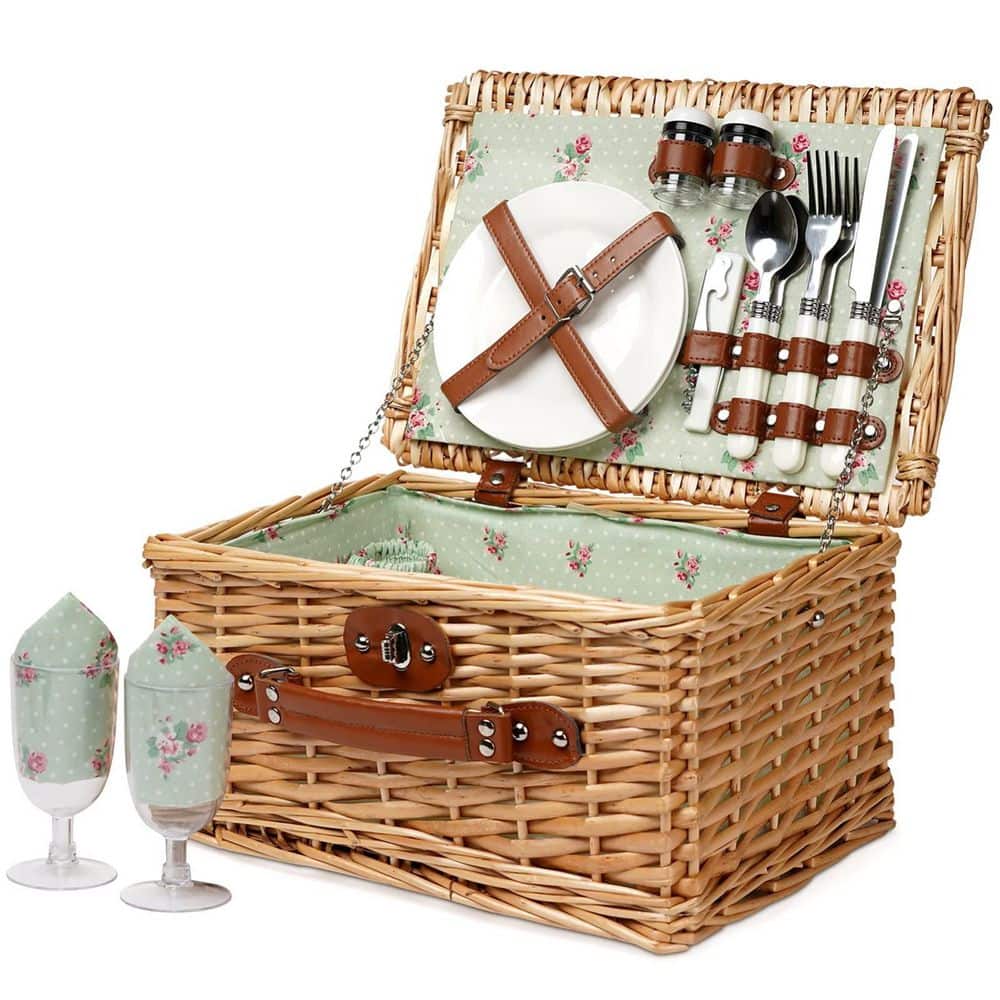 2-Person Wicker Picnic Basket with Utensils Cutlery, Handmade Willow Hamper Basket - Hercitys