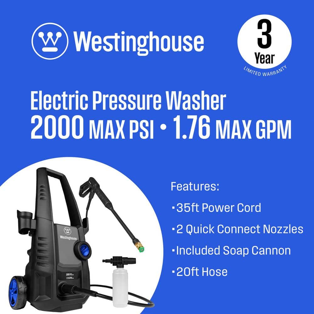 2000 PSI 1.76 GPM Cold Water Electric Powered Pressure Washer with Anti-Tipping Technology and 2 Quick Connect Tips - Hercitys