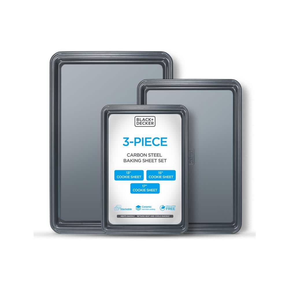 3-Piece Carbon Steel Baking Sheet Set, 0. 4mm Carbon Steel Baking Pans Set with Ceramic Non-Stick Coating, Black Finish - Hercitys