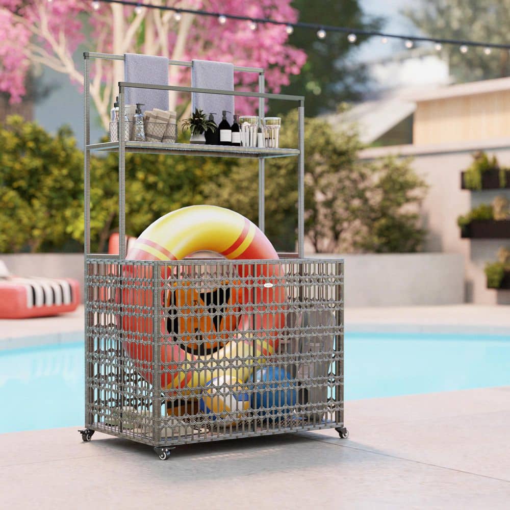 203.41 Gal. Gray Wicker Pool Float Storage Organizer, PE Rattan Deck Box with Basket Shelf Towel Bars, Gray - Hercitys