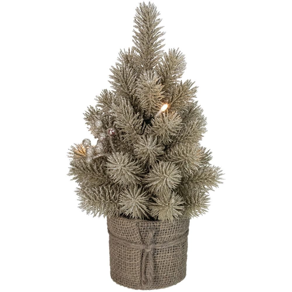 12 in. LED Pre-lit Gold Metallic Glitter Artificial Christmas Tree with Burlap Base – Clear Lights - Hercitys