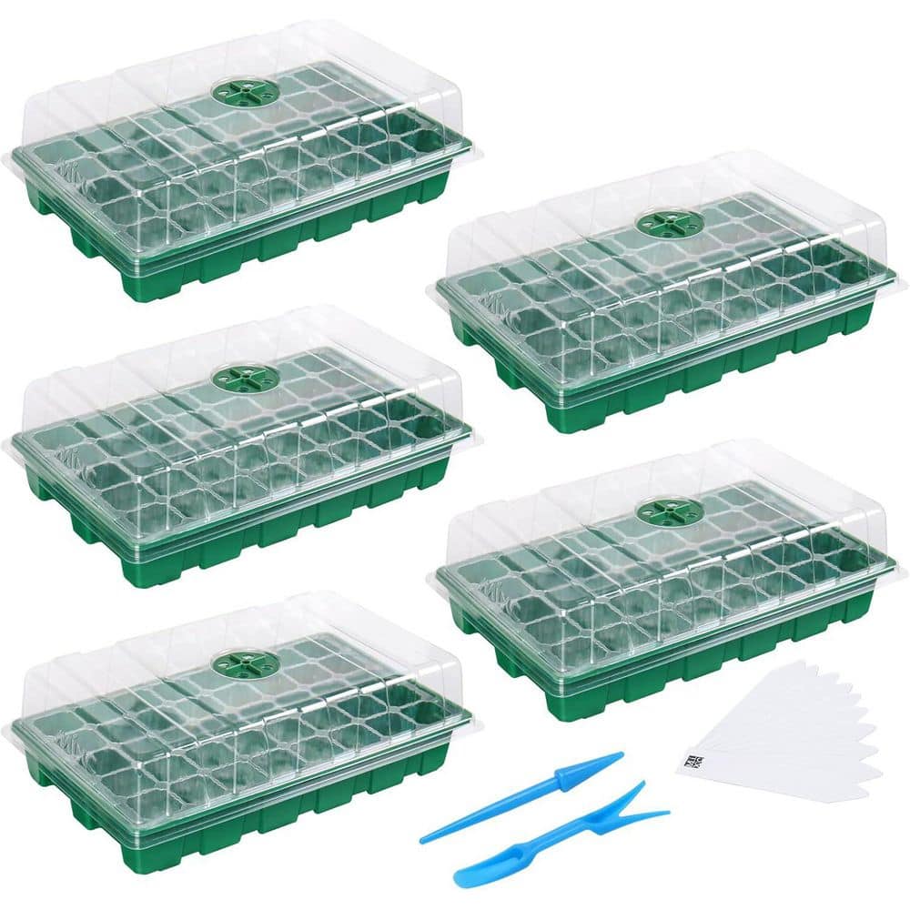 5-Pack Mini Seedling Starter Tray Kit with Humidity Vented Domes and Base, Transparent Plastic, 200 Cells Total - Hercitys