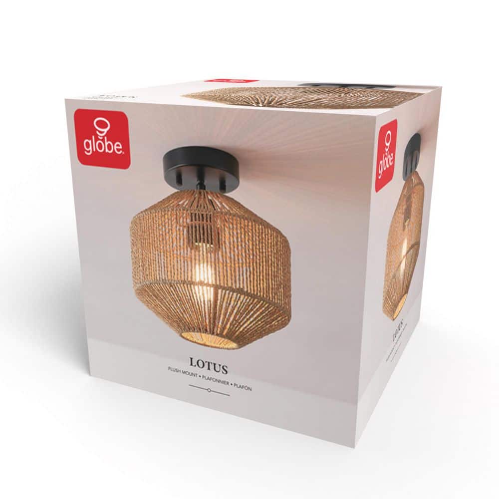 10.25 in. 1-Light Matte Black Semi-Flush Mount Ceiling Light with Paper Twine Shade - Hercitys