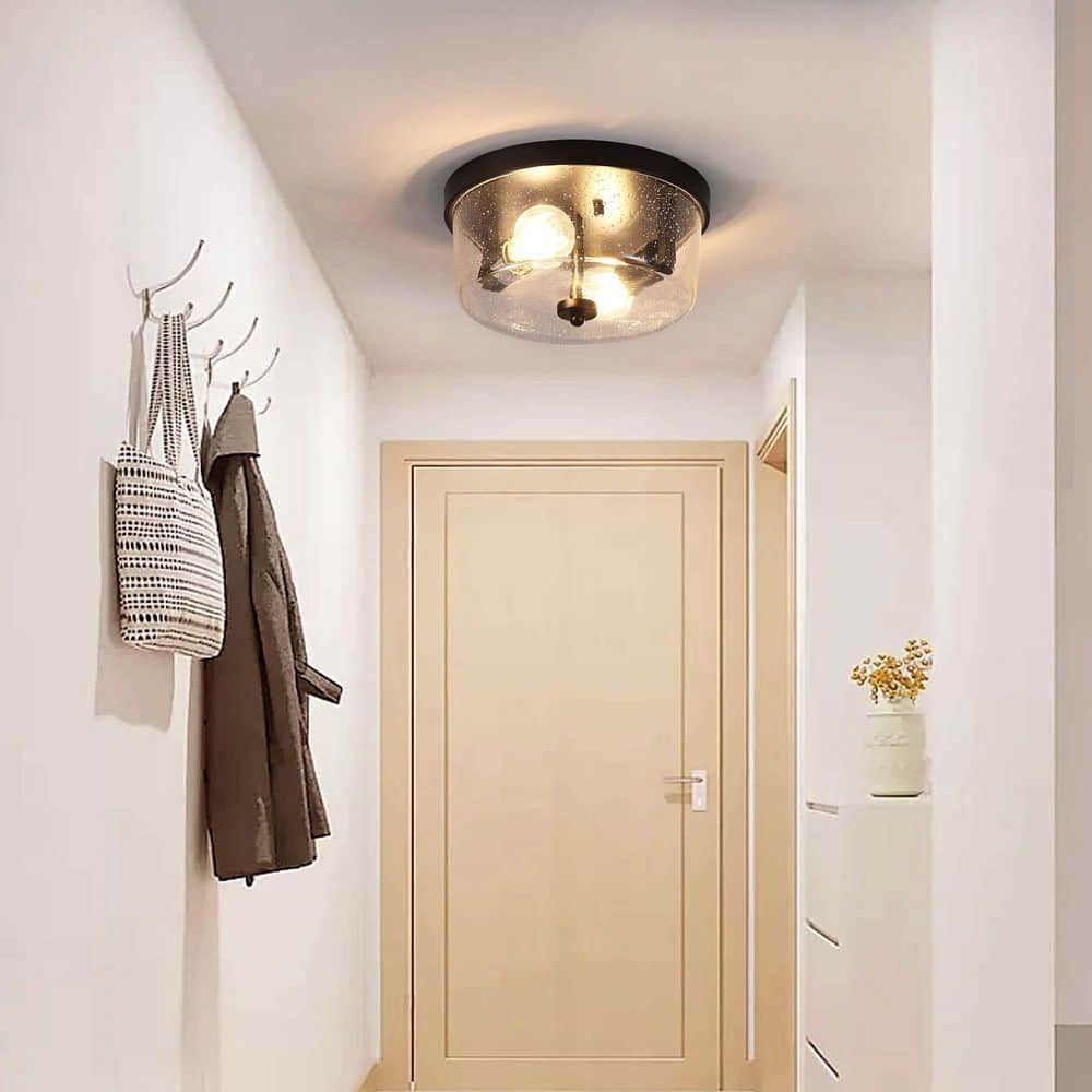 10.63 in. 2-Light Black Farmhouse Flush Mount with Seeded Glass Shade and No Bulbs Included (2-Pack) - Hercitys