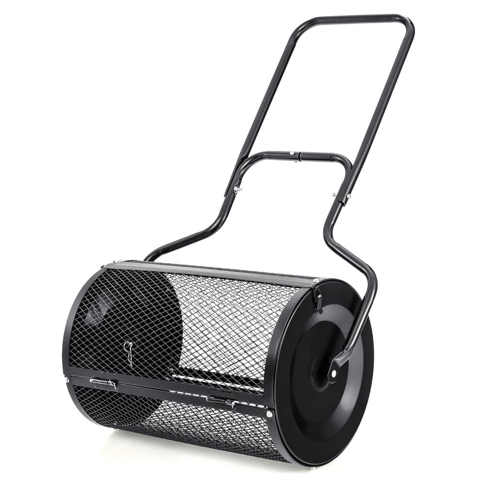 24 in. 2.7 cu. ft. Capacity Handheld Metal Mesh Peat Moss Spreader with Upgrade Side Latches and U-Shape Handle in Black - Hercitys