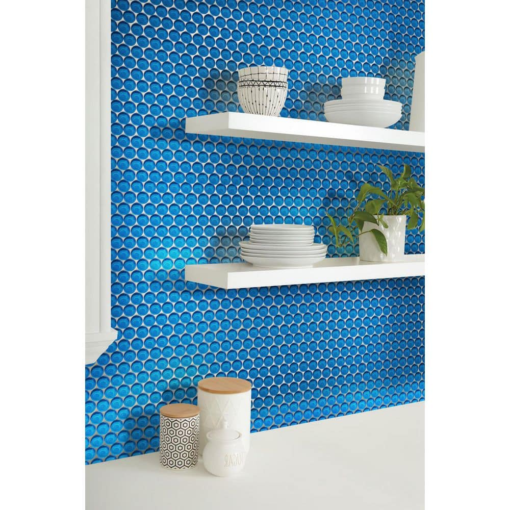 5 pack 12-in x 12-in Sky Blue Penny Round Polished Glass Mosaic Tile (5 Sq ft/case) - Hercitys