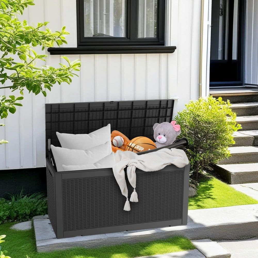 100 Gal. Large Plastic Rattan Deck Box with Gas Pressure Spring in Black - Hercitys