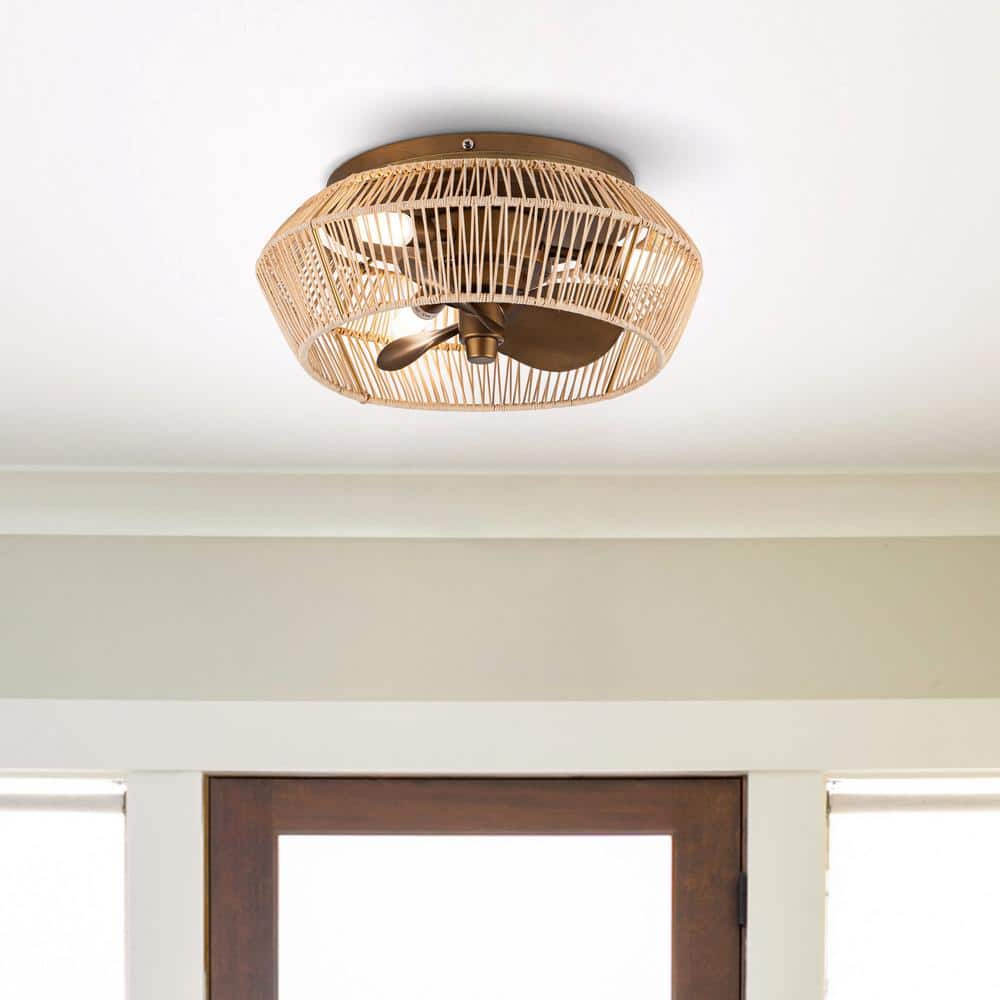 13.5 in. Indoor Antique Brushed Gold Cage Flush Mount Ceiling Fan with Light and Remote - Hercitys