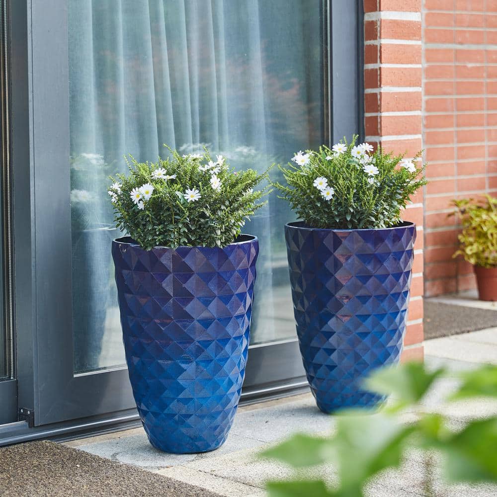 19.75 in. H Oversized Eco-Friendly PE Cobalt Blue Faux Ceramic Textured Tall Pot Planter (2-Pack) - Hercitys