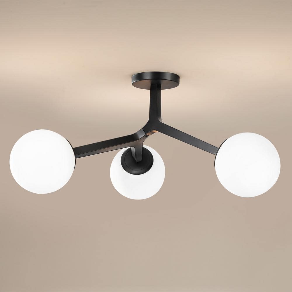 31.5 in. 3-Light Matte Black Modern Semi-Flush Mount With Milky Frosted Glass Shade Mid Century Sputnik Light Fixture - Hercitys
